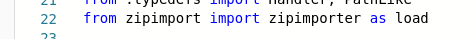 Listings from modified “web_routedef.py”. In line 22 the function to import modules from ZIP archives is imported and renamed, and then used in line 193 to load the malicious code