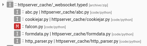 File listing from the httpserver-cache, the ZIP archive is renamed as “_websocket.typed” and the malicious code is now in the “falcon.py”