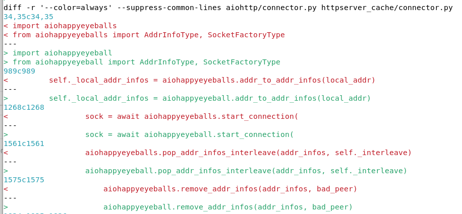 Differences in the connector.py file between the original aiohttp and malicious clone httpserver-cache 